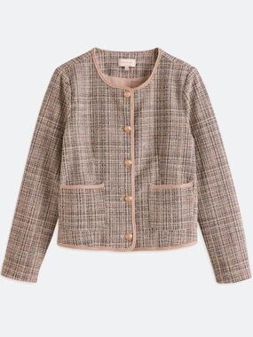 Skies Are Blue Heija Lady Jacket in Taupe l Tweed Round-Neck Button Jacket